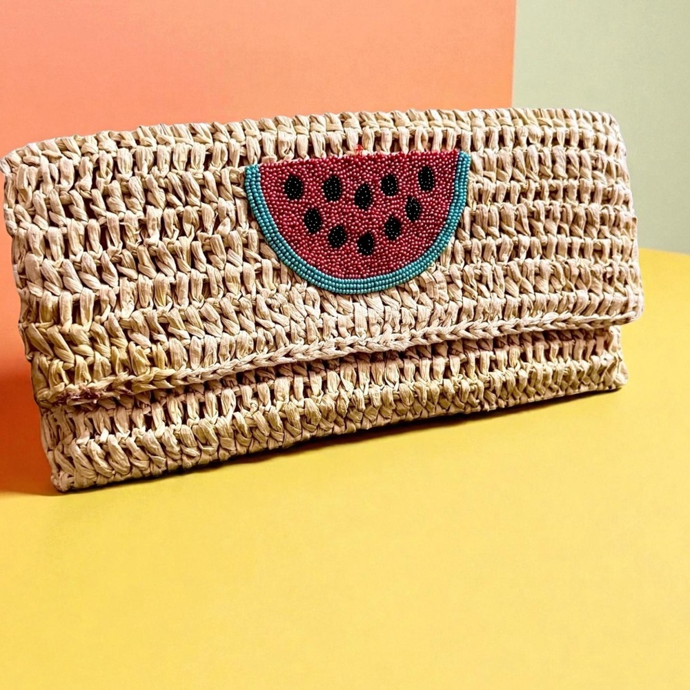 Roberta Roller Rabbit Beaded Watermelon Raffia Clutch.